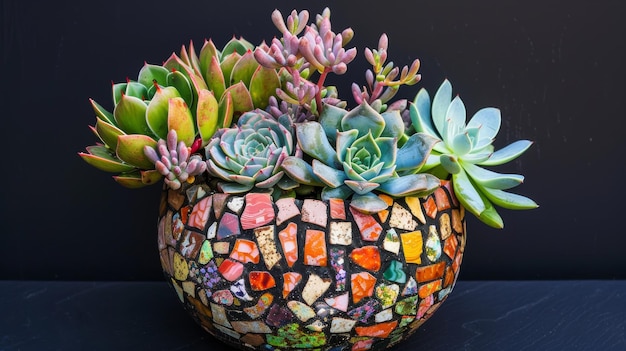 Foto uma planta em vaso cheia de uma variedade de suculentas vibrantes trazendo um toque de natureza para dentro de casa