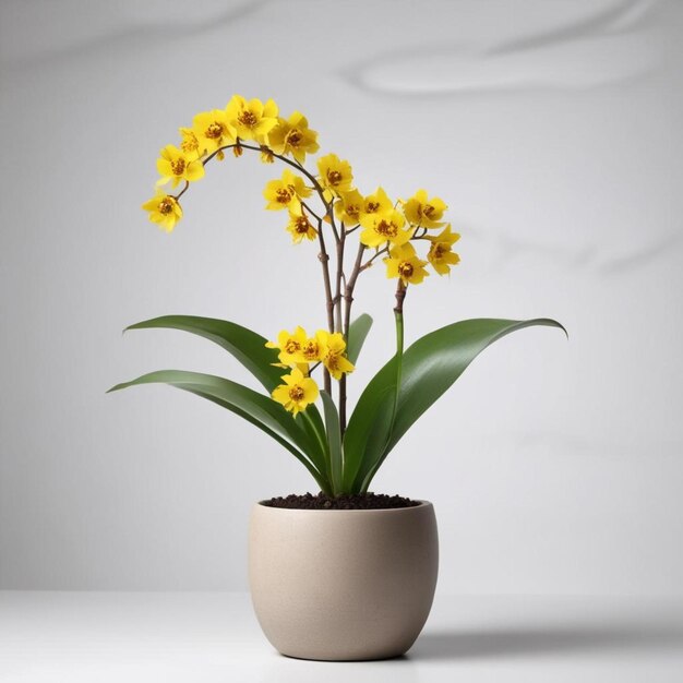 uma planta em vaso com flores amarelas e um fundo branco