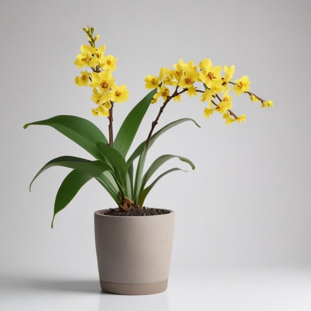 uma planta em vaso com flores amarelas em um fundo branco