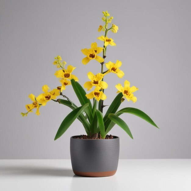 uma planta em vaso com flores amarelas em uma mesa branca