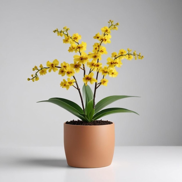 uma planta em vaso com flores amarelas em uma mesa