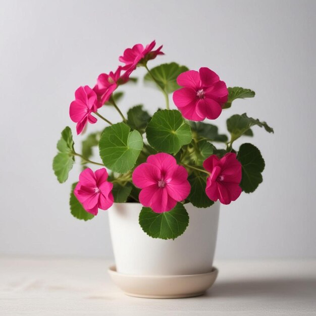 uma planta em vaso com flores cor-de-rosa em uma mesa