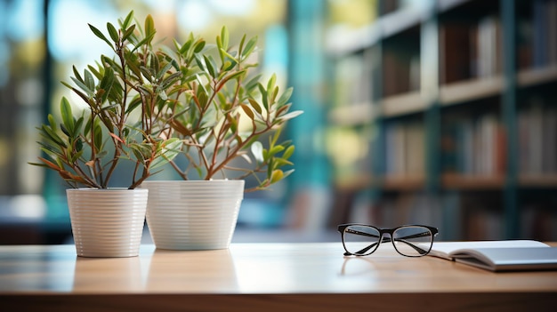 Uma planta em vaso senta-se em uma mesa ao lado de um par de óculos e um caderno Conceito de produtividade e