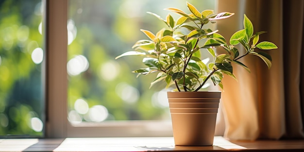 Uma planta em vaso sentada em uma janela na frente de uma janela
