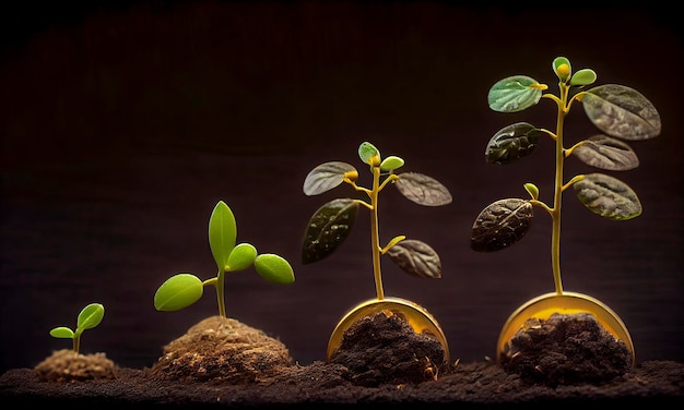 Uma planta está crescendo em pequenas moedas de ouro.