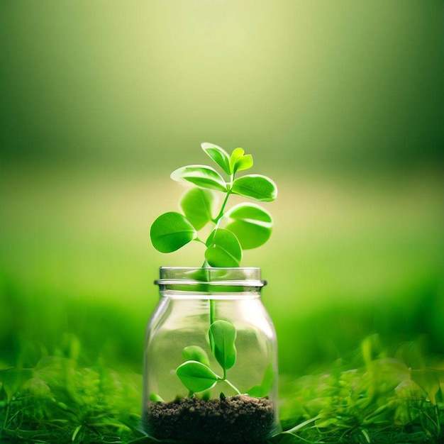 Uma planta está crescendo em uma jarra de vidro na grama.