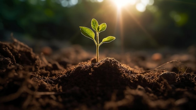 Uma planta está crescendo no solo com o sol brilhando sobre ela.