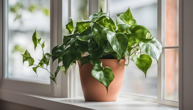 uma planta está em um peitoral da janela com uma planta em vaso sobre ele