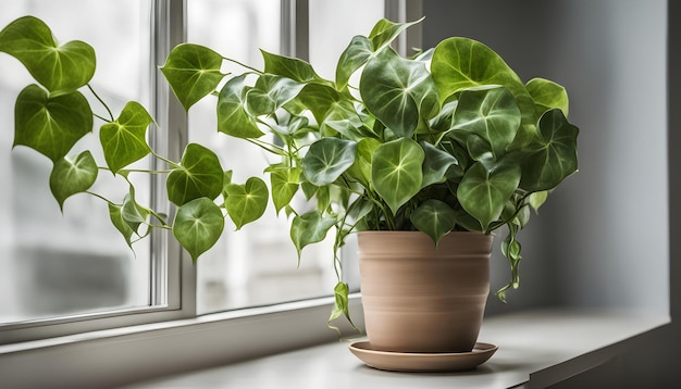 Foto uma planta está em uma panela em uma janela e a planta é verde