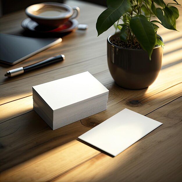 Uma planta está sobre uma mesa ao lado de uma pilha de cartões de visita.