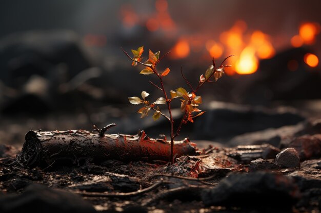 Uma planta jovem brota numa área recentemente devastada por um incêndio que simboliza a resiliência da natureza