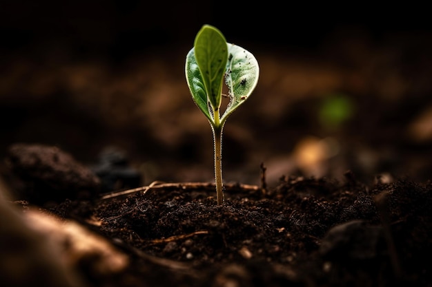 Uma planta jovem brotando do chão com o sol brilhando sobre ela.