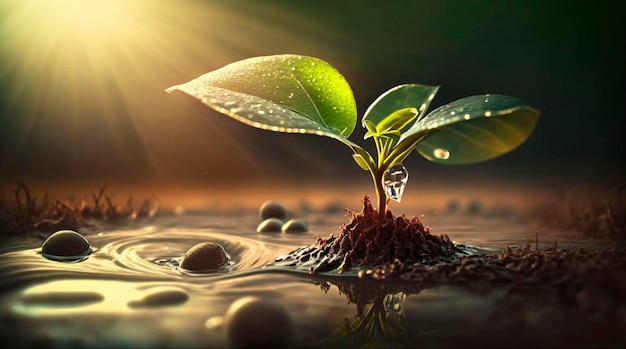 Uma planta jovem com uma gota de água ao sol uma planta em crescimento cresce Generative AI