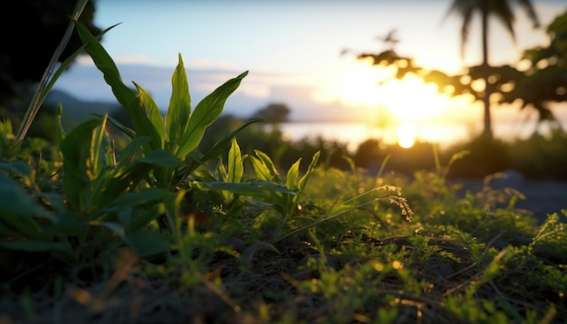 Uma planta na grama com o sol se pondo atrás dela