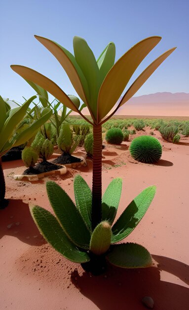 Foto uma planta no deserto com fundo de areia vermelha