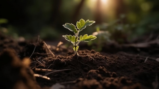 Uma planta no solo com o sol brilhando sobre ela