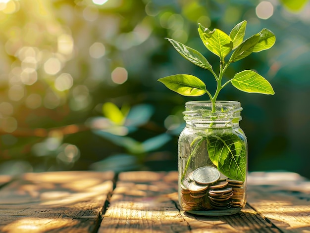 Uma planta que cresce a partir de moedas em um frasco de vidro simbolizando o crescimento do investimento em um fundo de madeira com luz solar IA geradora IA geradora