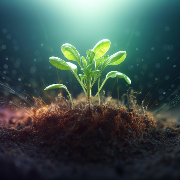 Uma planta que cresce na terra com um fundo escuro.