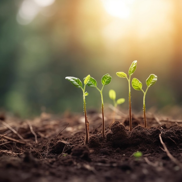 Uma planta que cresce no solo com o sol atrás dela.