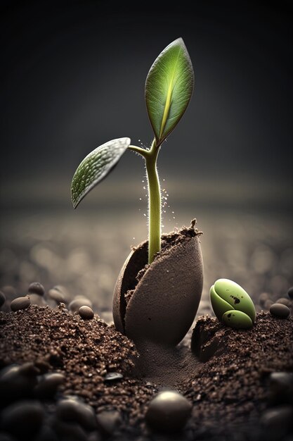 Foto uma planta que cresce num solo com uma mudas