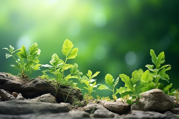 Uma planta que cresce numa rocha com o sol a brilhar através das folhas.