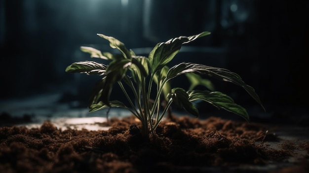 Uma planta que está crescendo no escuro