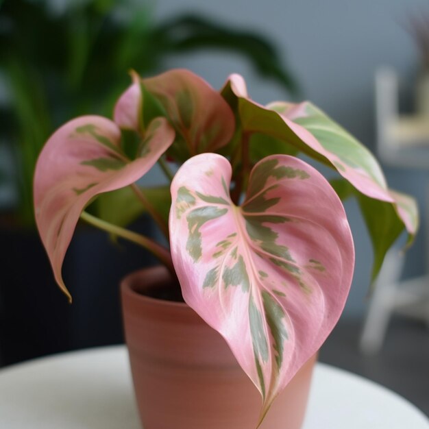 Foto uma planta rosa com folhas verdes em um pote generativo ai