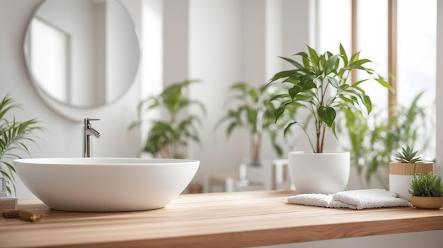 uma planta senta-se em uma mesa em uma sala com um espelho e uma planta em vaso