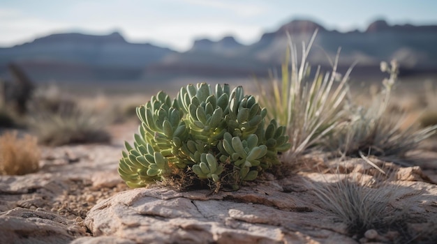 Uma planta senta-se em uma rocha no deserto