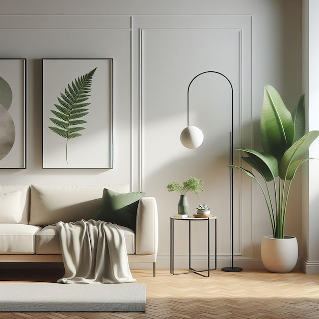 Uma planta verde ao lado de um sofá Desenho interior de casa minimalista de sala de estar moderna