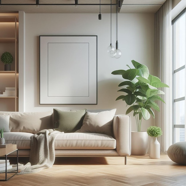 Uma planta verde ao lado de um sofá Desenho interior de casa minimalista de sala de estar moderna