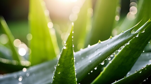 uma planta verde com gotas de água sobre ela e o sol brilhando através das folhas