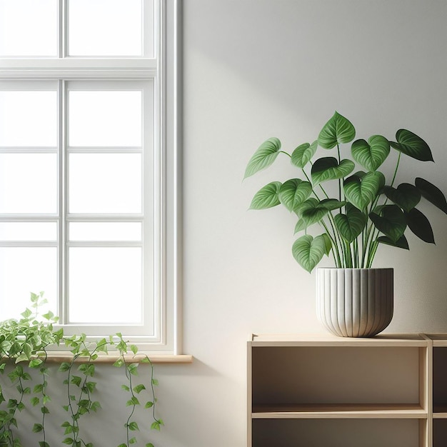 Uma planta verde contra uma grande parede branca vazia
