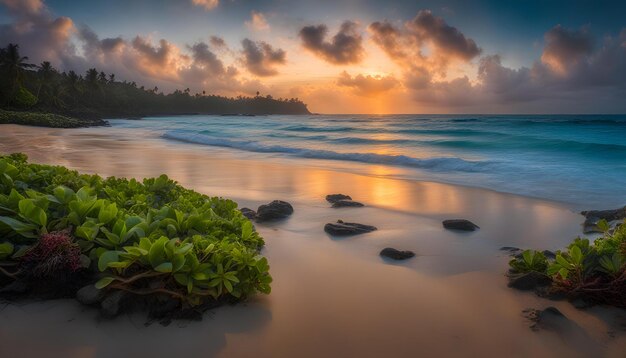 uma planta verde cresce na praia em frente a um pôr-do-sol