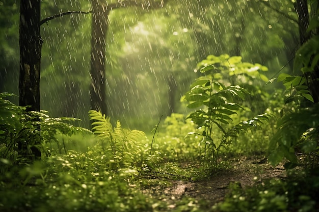 uma planta verde está crescendo na chuva