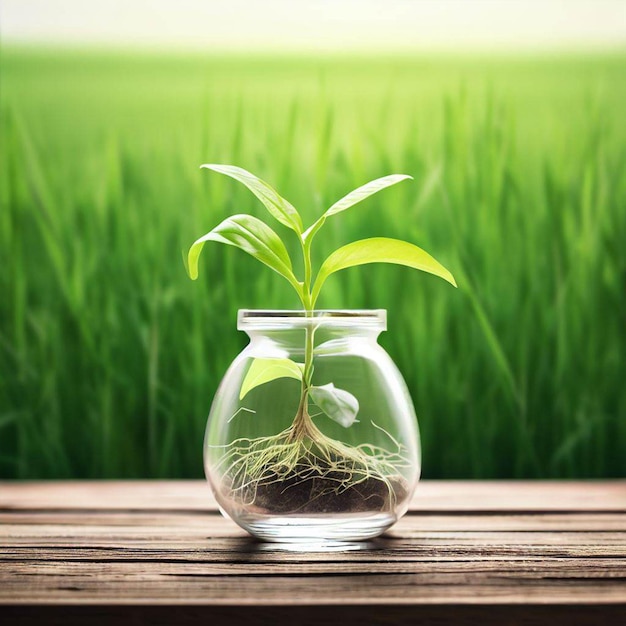 Uma planta verde está em um vaso de vidro com fundo verde.