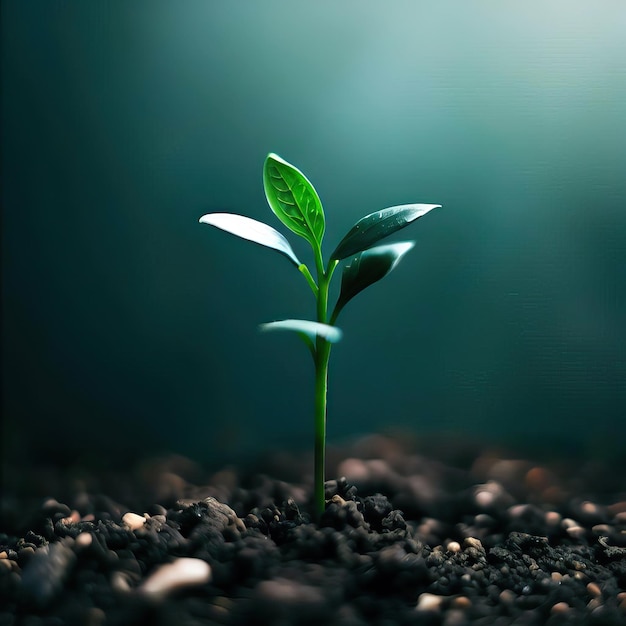 uma planta verde que cresce no solo com um fundo verde IA generativa