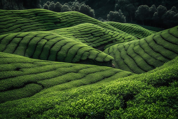 Uma plantação de chá verde com um céu escuro ao fundo