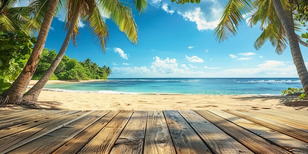 Foto uma plataforma de madeira em uma praia com uma palmeira e o oceano ao fundo