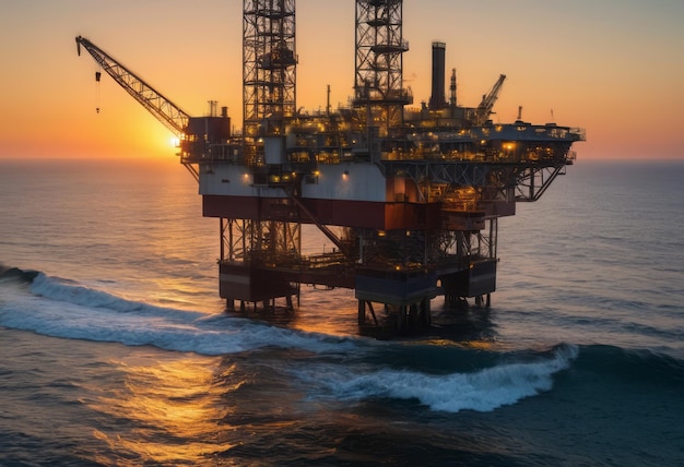 Foto uma plataforma de petróleo offshore opera ao pôr-do-sol, simbolizando a indústria energética e as façanhas de engenharia