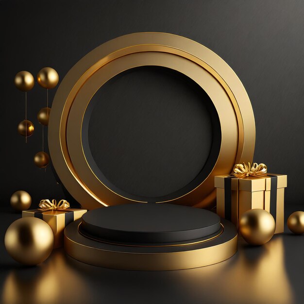 Uma plataforma redonda com um círculo dourado e um fundo preto com bolas de ouro Black Friday