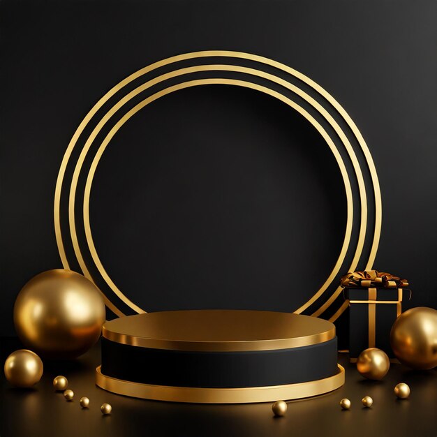 Uma plataforma redonda com um círculo dourado e um fundo preto com bolas de ouro Black Friday