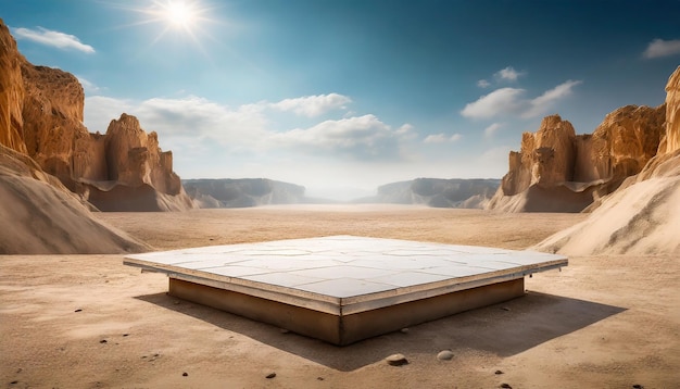 Foto uma plataforma vazia num ambiente semelhante ao deserto.