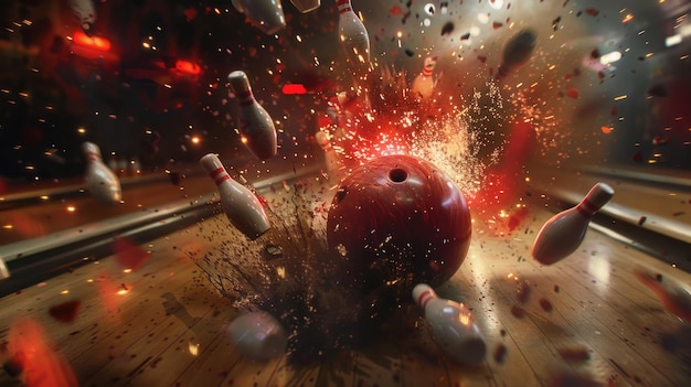 Foto uma poderosa bola de boliche atinge os alfinetes perfeitos para projetos conceituais esportivos