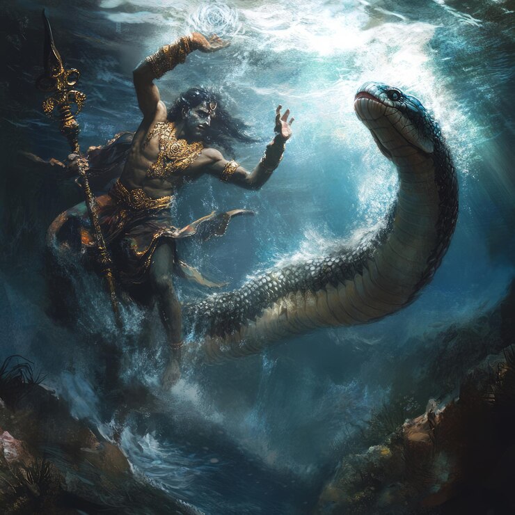 Foto uma poderosa divindade shiva está na água lutando contra uma cobra gigante com um tridente