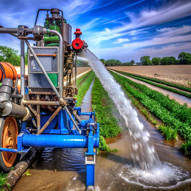 Uma poderosa máquina de irrigação bombeando água para um campo de colheitas