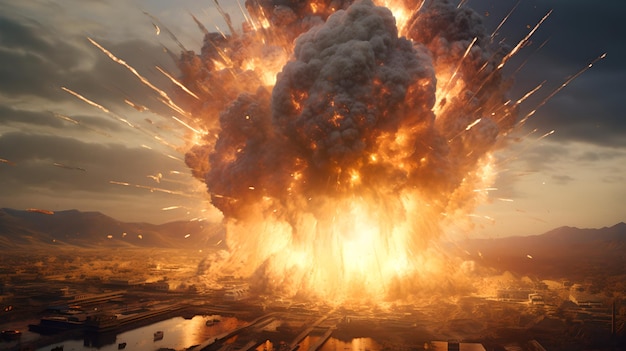 Uma poderosa representação de uma explosão maciça Explosão nuclear de uma bomba atômica causando um Armageddon apocalíptico através do uso de uma arma de destruição em massa