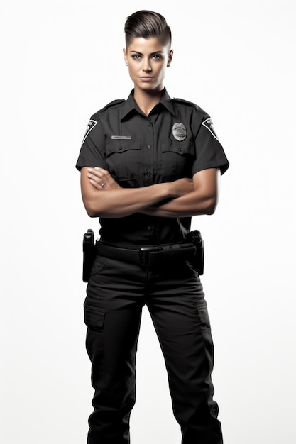 Uma policial com uma arma e um distintivo em seu uniforme está com os braços cruzados