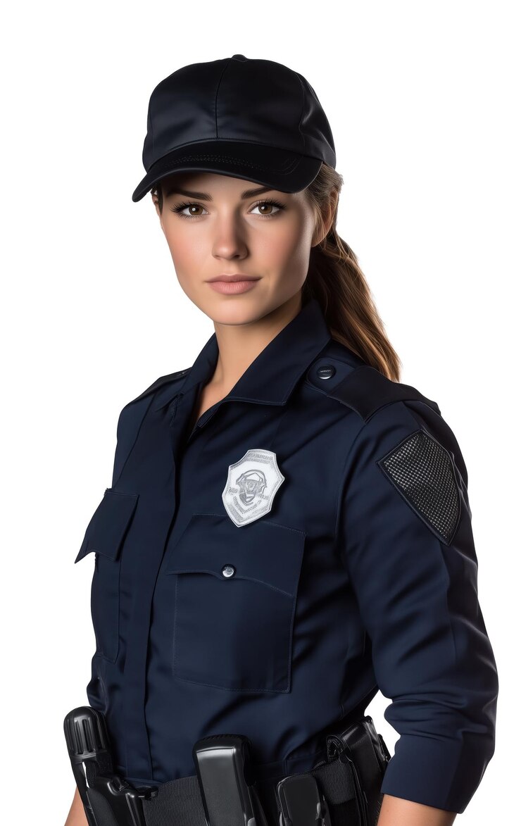 Foto uma policial confiante em uniforme posa orgulhosamente com seu distintivo e chapéu à luz do dia