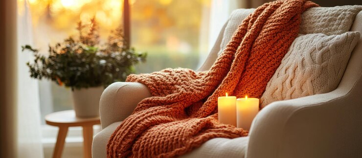 Foto uma poltrona aconchegante com um cobertor de tricô e velas em frente a uma janela